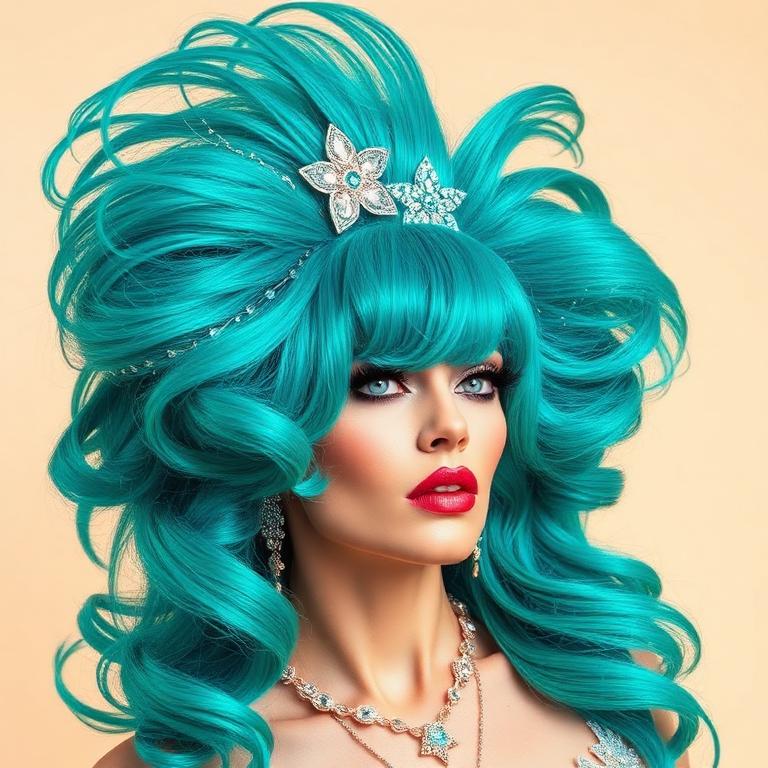 Teal and turquoise embellished wig